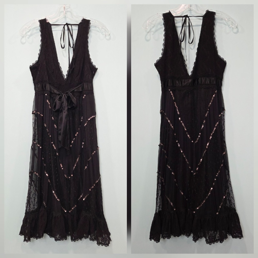 Vtg Y2K Bebe M Black Silk Lace Sequin Babydoll Plunge Dress Whimsigoth Fairy Bow
